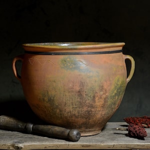 539 XL Antique Red Clay Pot with Green Glaze: Large Wabi-sabi Terracotta Planter