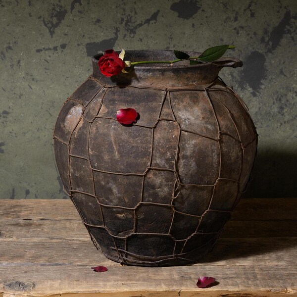 575 Ancient black clay pot vessel, Wabi-sabi pottery ceramic, Antique terracotta planter, Antique terracotta pot, Ancient clay pottery vases
