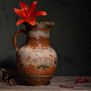 698 Gray-orange terracotta vase, Ancient traditional hand-painted clay jug from Ukraine, Antique ceramic pitcher, Wabi Sabi pottery vessel