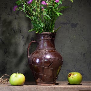 735 Ukrainian antique clay jug, Wabi-Sabi Ukrainian clay pot, Brown rustic vase with handle, Red terracotta vase, Terracotta ceramic vase
