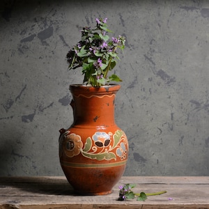 644 Ancient glazed terracotta pitcher, Floral painted ancient ceramics pitcher, Ukrainian majolika ceramic pitcher, Antique stoneware vessel