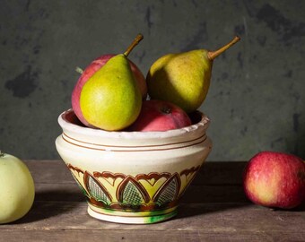 Antique Hand-Painted Ukrainian Terracotta Bowl | Handmade Folk Pottery | Rustic-Farmhouse Decor | Vintage Ceramic Dish