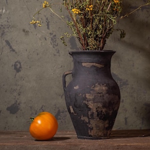 741 Black terracota vase from Ukraine, Antique stoneware vessel black, Wabi-Sabi primitive black pottery vase, Unglazed black clay jug vase