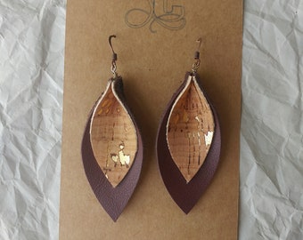 Leather Pleated Leaf Earrings ~ Brown/Cork