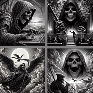 Peut inclure: Une illustration numérique en noir et blanc du Grim Reaper dans quatre poses différentes. Le Grim Reaper est représenté comme une figure squelettique portant une robe à capuche. Dans la première image, le Grim Reaper écrit dans un livre. Dans la deuxième image, le Grim Reaper se tient dans une église avec des gens dans les bancs. Dans la troisième image, le Grim Reaper se tient dans un ciel nuageux avec des ailes. Dans la quatrième image, le Grim Reaper se tient dans un ciel nuageux avec une faux.