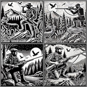 Bilddateien für Lasergravur „Jäger“ 4 Stück  Schiefergravur Download Wald Slate Laserdatei Wald Jagd