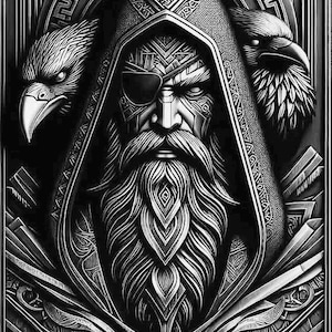 May include: Black and white illustration of a man with a long beard and an eyepatch. He is wearing a hooded cloak and has two ravens on either side of him. The background is a stylized pattern.