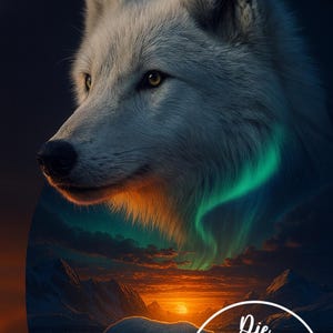 Könnte beinhalten: Digitales Kunstwerk eines weißen Wolfes mit gelben Augen, vor dem Hintergrund eines Sonnenuntergangs und einer Berglandschaft. Der Text "Die Holzkiste seit 2022" ist in einem Kreis enthalten.