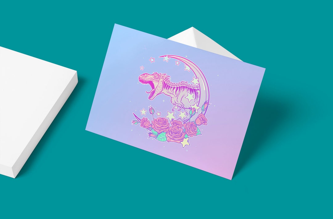 Rex Postcards T Rex Postcard Funny Animals Kawaii Moon Flowers Illustration 4x6 Art ...