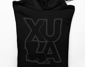 May include: Black hooded sweatshirt with a white outline of the state of Louisiana and the text "XULA" in white.