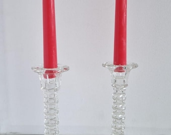 Vintage Clear Pressed Glass Candlesticks Pair, Candle Holders