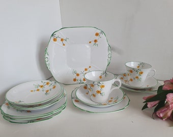 Art Deco Yellow Flower Melba Bone China Set - Cake Plate, 2 Teacups, 5 Saucers, 5 Square Side Plates