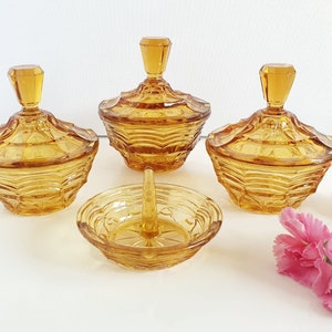 Plato para baratijas con tapa de vidrio ámbar estilo art déco vintage, juego de anillos en forma de árbol