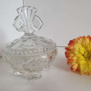 Vintage Art Deco Bagley Heavy Clear Glass Lidded Footed Trinket Dish, Pot