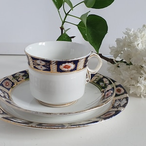 Art Nouveau Royal Albert Crown Bone China Trio - Teacup, Saucer, Side Plate, Colbalt Blue, Gold