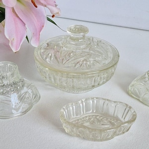 Vintage Deco Depression Heavy Glass Vanity Trinket Set, Lidded Pot, Candle Hodders x2, Small Trinket Tray