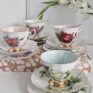 Vintage Paragon China Set of 4 trios, Wheatcroft Roses Series, by Henry Wheatcroft
