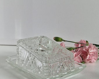 Vintage Clear  Pressed Glass Butter Dish, Cheese Dish