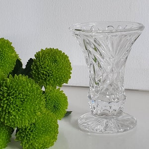 Puede incluir: Un jarrón de vidrio transparente con un diseño de vidrio cortado. El jarrón tiene una boca ancha y una base redonda. El jarrón está vacío.
