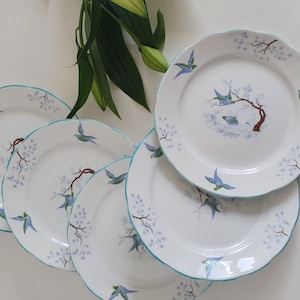 Juego de 5 platos de porcelana china estilo vintage Deco Ye Olde Grosvenor Bluebird de Jackson and Gosling Ltd