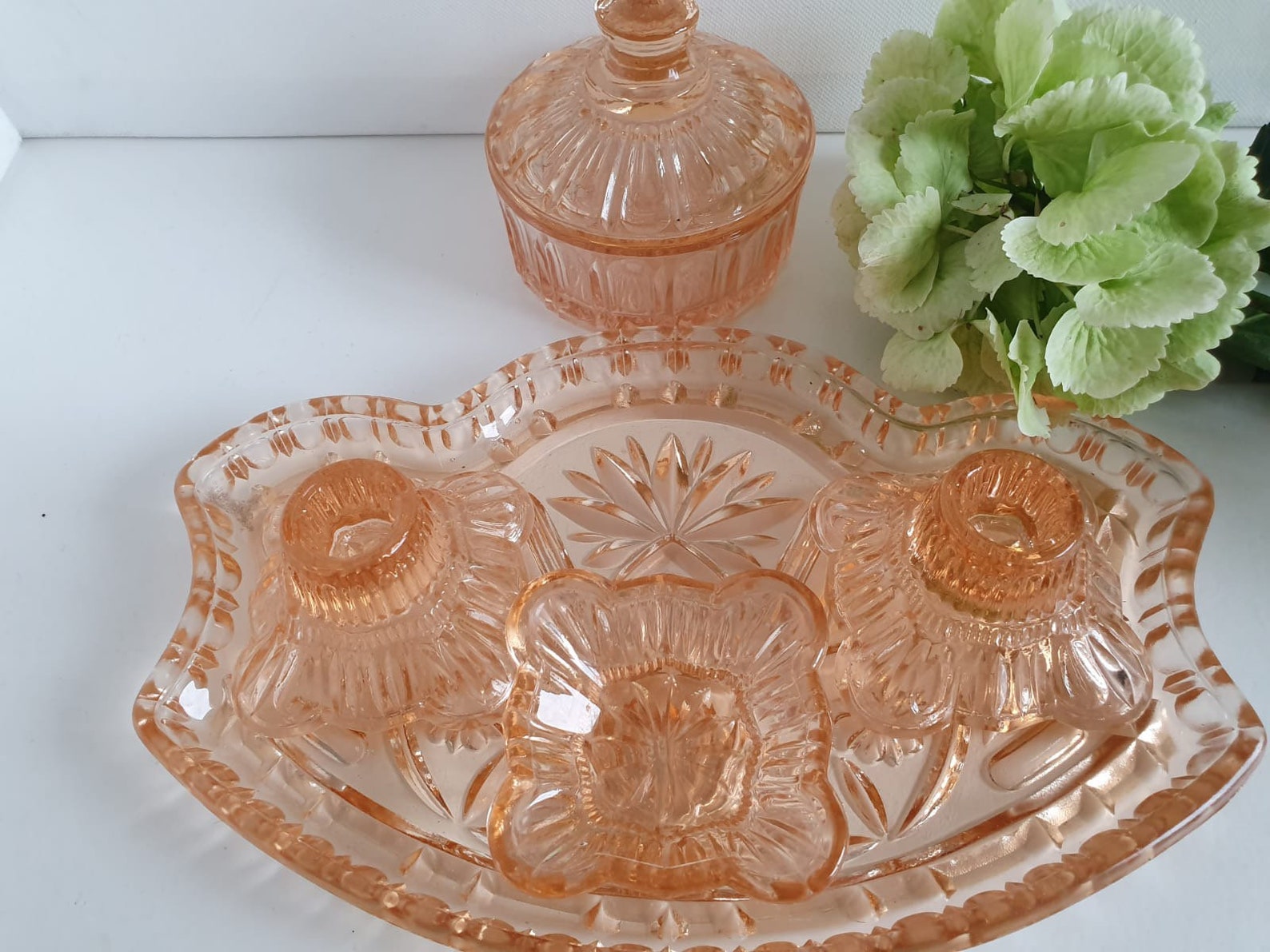 Vintage Pink Peach Depression Glass Vanity/Dressing Table Set Etsy