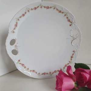 Vintage Floral Garland China Cake Plate, Cut Out Finger Handles