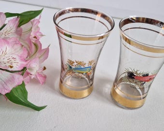 Bicchieri da liquore di pesce vintage, dorati, articoli da bar di metà secolo (set da 2)