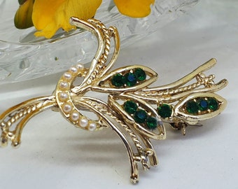 Vintage verde Rhinestone Floral Spray broche Pin, metal de tono plateado