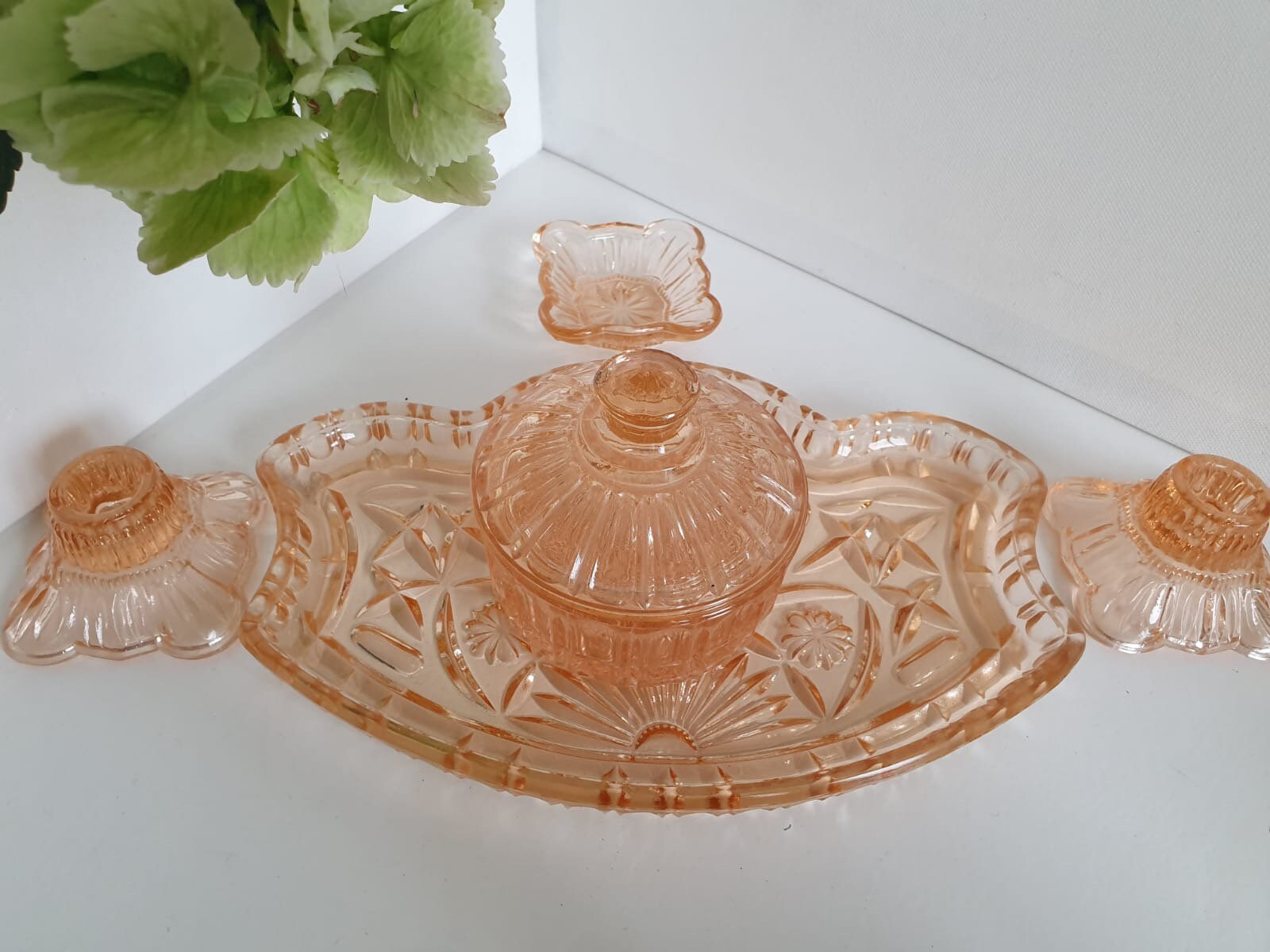 Vintage Pink Peach Depression Glass Vanity/Dressing Table Set Etsy