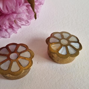 Vintage Brass Tiny Lidded Box Duo With Shell/Mother of Pearl Inlay