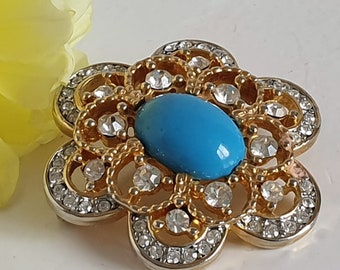 Broche vintage de imitación de turquesa, metal dorado con diamantes de imitación transparentes
