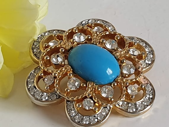 Broche Vintage Métal Doré Et Perle Turquoise – Fantaisie – Occasion