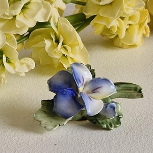 May include: A porcelain flower brooch featuring a blue and white pansy with green leaves.