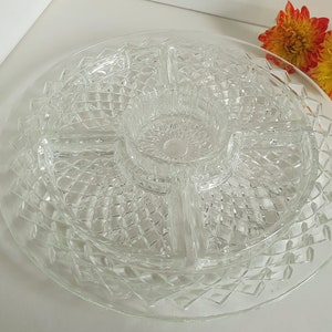 Vintage Serving Heavy Glass Tray with 4 Diamond Lattice Cut Glass Inserts, Dividers And Round Middle Cup, Dip, Relish Crudite Dish