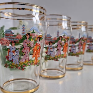 Vintage Set of 6 Japanese Scene, Gold Band Glasses/Tumblers, Mid Century Tumblers, Lemonade Glasses