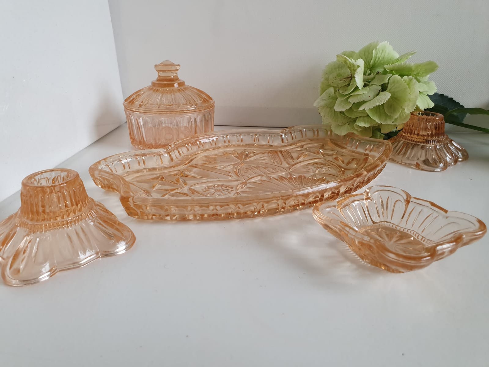 Vintage Pink Peach Depression Glass Vanity/Dressing Table Set Etsy