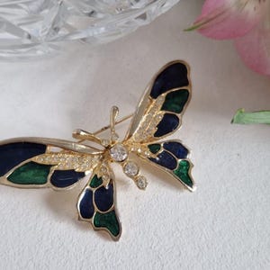 Vintage Green and Blue Enamel, Clear Rhinestone & Enamel Butterfly Brooch / Pin