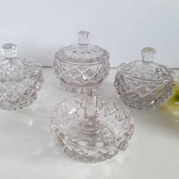 Vintage Art Deco Sowerby 2487 Clear Glass Lidded Trinket Dish & Ring Tree Set Trinket Pot, Vanity Jar