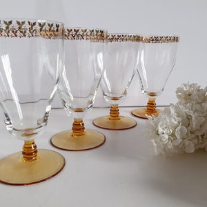 Vintage Gold Leaf Design, Amber Stem Champagne, Prosecco Glasses, Flutes x4