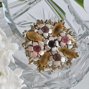 Vintage Round Enamel Flower Brooch, Pin, Gold Tone Metal