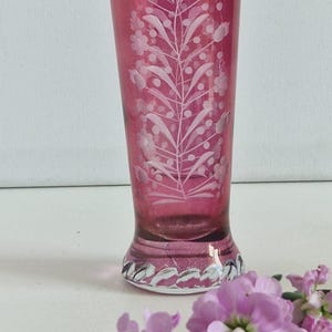Vintage Laura Ashley Cranberry Glass Etched Flower Vase
