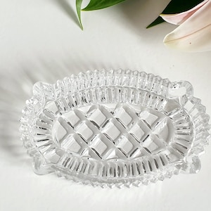 Plato de baratijas con tapa de vidrio pesado estilo Art Déco vintage, olla, vidrio de la depresión