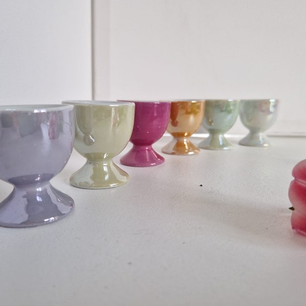 Vintage Set of 6 Coloured Pearlised Lustre Egg Cups, Mid Century Egg Cups