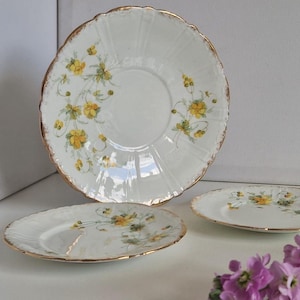 May include: Three white porcelain plates with a yellow floral design and gold trim. The plates vary in size, with a large scalloped-edge plate in the center and two smaller plates in front. The plates are arranged on a white surface.
