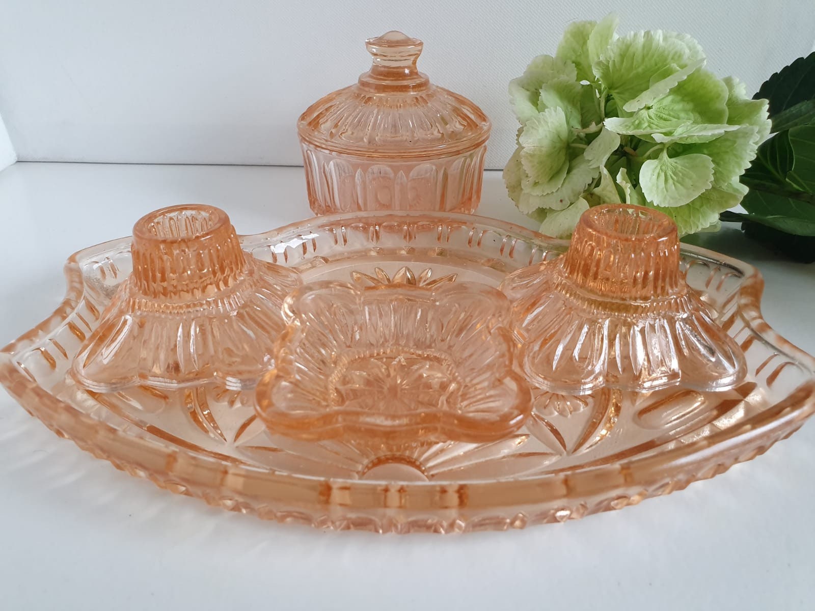 Vintage Pink Peach Depression Glass Vanity/Dressing Table Set Etsy