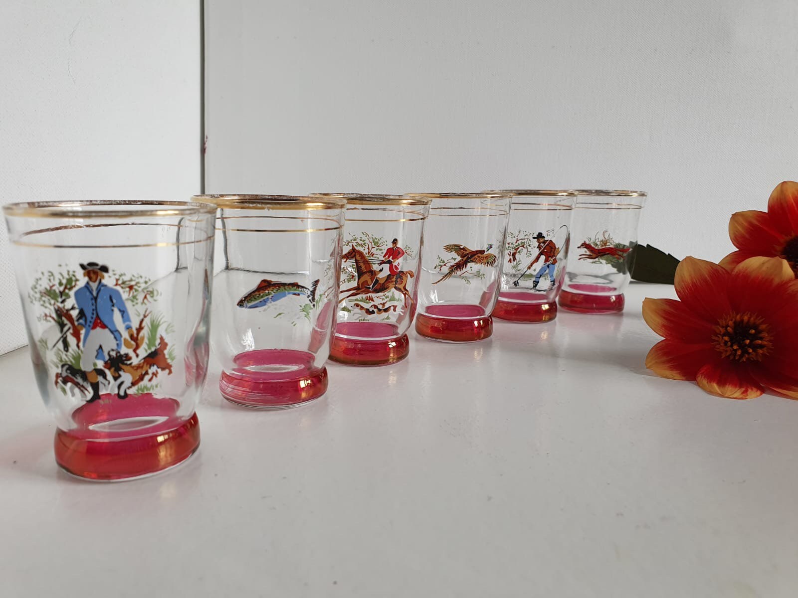 Vintage Retro Set of Six Hunting Scene Shot Glasses Mid Etsy