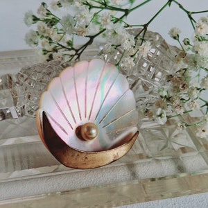 Vintage Mother Of Pearl Shell Brooch With Faux Pearl & Gold Curved Frame Bottom, Stamped ages Gesch
