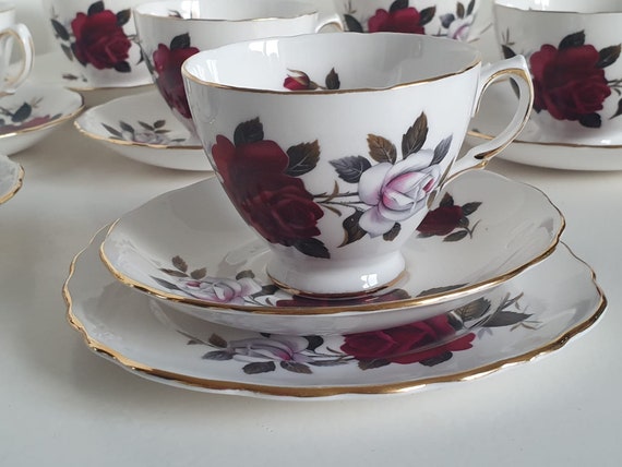 saucer and plate cup Vintage Colclough bone china Amaretto red rose Trio 