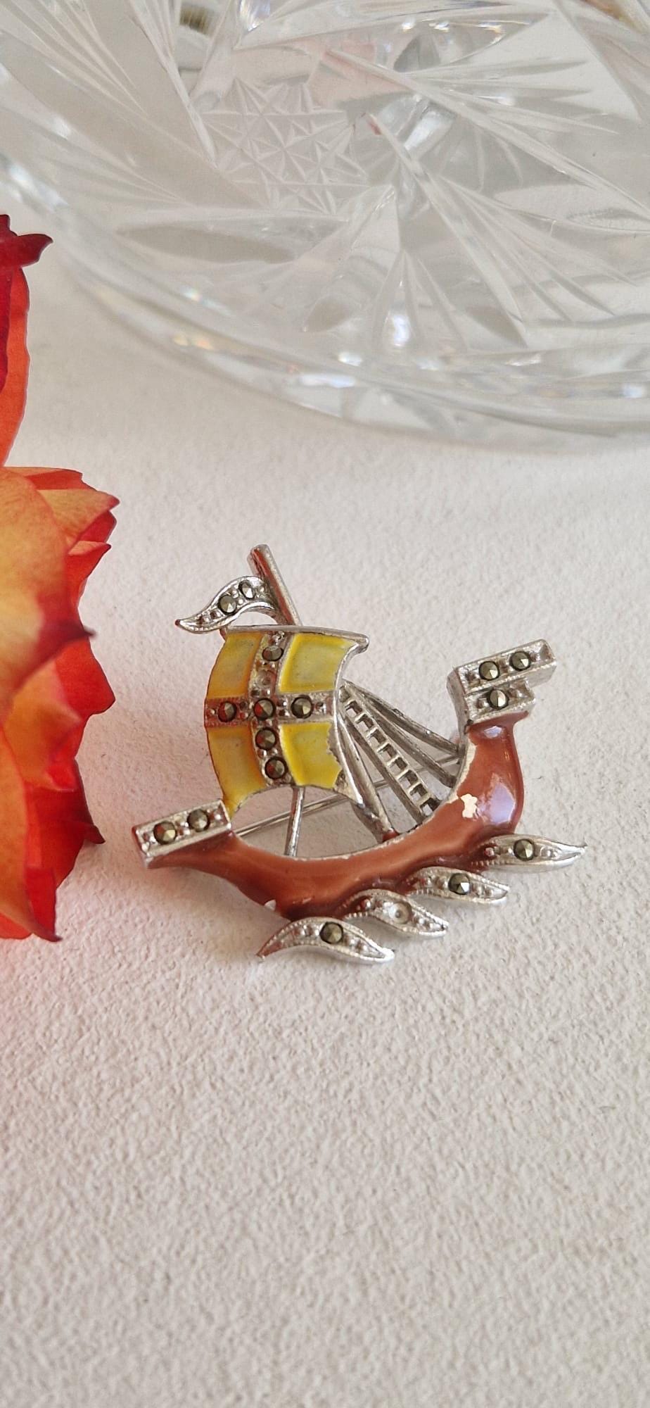 Vintage Marcasite And Enamel Schooner, Sail Boat Brooch, Pin
