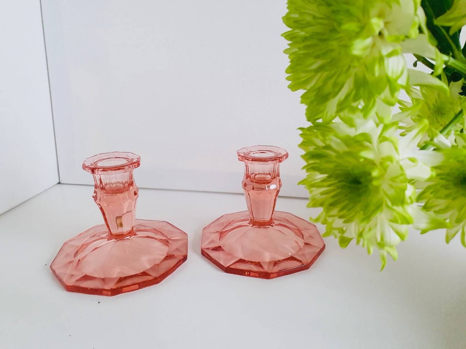 Vintage Art Deco Pink Glass Candlesticks Candle Holders Etsy